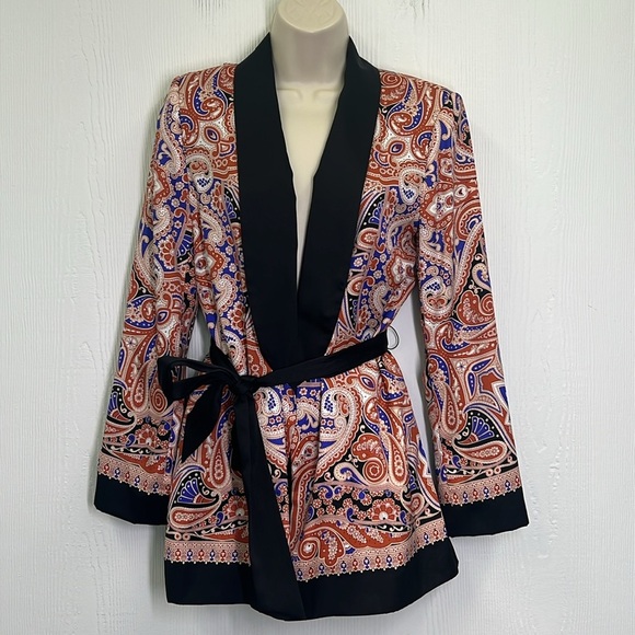 Zara - Colorful Paisley Print Black Lapels And Tie Belt Kimono Blouse Size Small - Picture 2 of 13